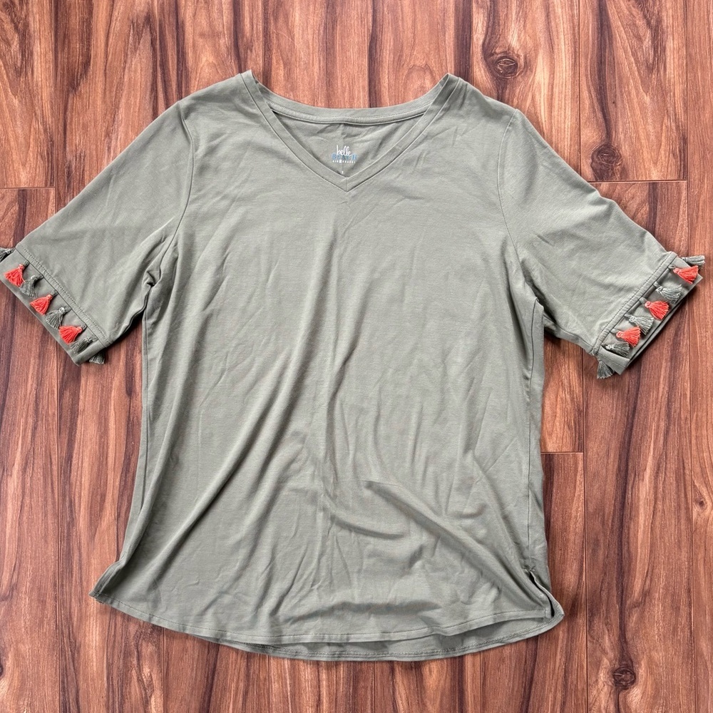 Olive Green Boho Tassel‎ Sleeve V Neck Top Womens Small Festival Bohemian
